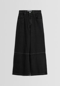 Black wide-leg jeans with a mid-rise waist, contrasting stitching, and a split hem design. Made from denim material with front pockets.