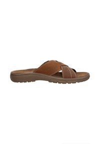 Bruine leren instapsandalen met kruisbanden, gestructureerde accenten en een gevoerde zool. Voorzien van een rubberen buitenzool voor grip.