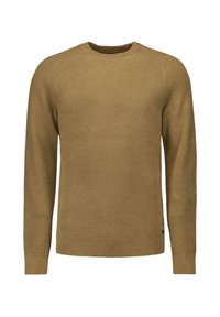 Gebreide trui in een warme bruine tint, met een ronde hals, geribbelde textuur en lange mouwen. Minimalistisch ontwerp met een subtiele logo-detail.