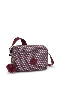 Borsa a tracolla con motivo rettangolare in bordeaux e bianco, dotata di tasca frontale con zip, tracolla regolabile e portachiavi a forma di scimmia in peluche.