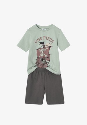 Light green short-sleeve shirt with "ONE PIECE" text and pirate ship graphic, paired with dark gray elastic waist shorts.