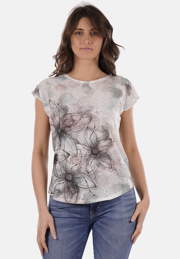 Maglietta a maniche corte grigia chiara con illustrazioni di fiori in grigio scuro e delicati accenti di acquerello verde. Tessuto morbido con una vestibilità rilassata.