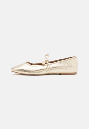 Gold metallic ballet flat with a pointed toe, textured finish, and a decorative bow detail on the side, featuring a flat sole.