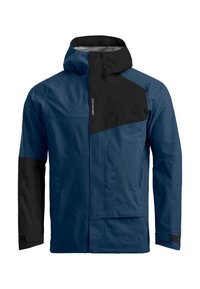 Navy blue waterproof jacket with black accents, a high collar, and long sleeves. Features a zippered front and large front pockets.