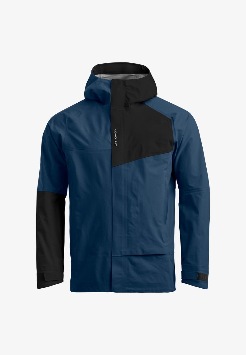 Navy blue waterproof jacket with black accents, a high collar, and long sleeves. Features a zippered front and large front pockets.