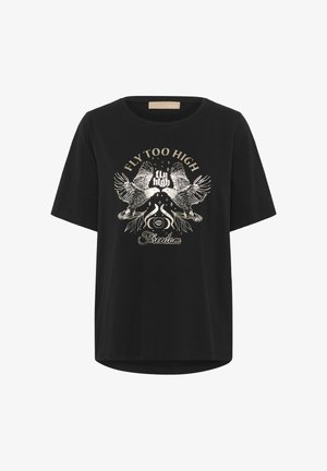 Černé tričko s krátkým rukávem a kulatým výstřihem s zlatou grafikou dvou ptáků, textem "LETĚT PŘÍLIŠ VYSOKO" a dekorativními prvky.