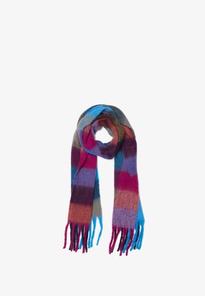 Scialle morbido in lana con ampie righe orizzontali nei colori blu, viola, magenta, marrone e nero, con estremità frangiate.