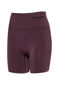 Hoch taillierte nahtlose bordeauxrote Fahrradhose mit gerippten Seitenpaneelen und kleinem schwarzem "hummel" Logo auf dem Bund.