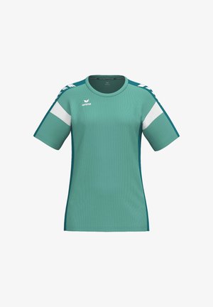 Türkisfarbenes kurzärmeliges Sportshirt mit weißem diagonalen Streifen auf den Ärmeln und Erima-Logo auf der oberen linken Brust.