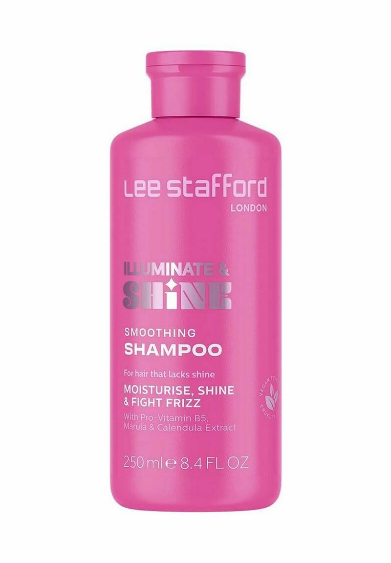 Roze plastic fles van Lee Stafford Smoothing Shampoo, met witte en zilveren tekst. Bevat 250 ml, heeft een ronde vorm en een flip-top dop.