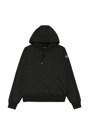 Zwarte pullover hoodie van zacht materiaal, met een trekkoordcapuchon, ribgebreide manchetten en een klein logo op de linker mouw.