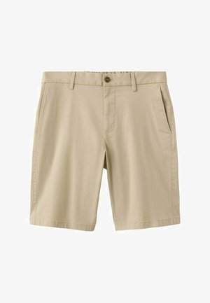 Shorts beige pour homme longueur genou avec bouton devant, fermeture éclair, passants pour ceinture et poches latérales inclinées.