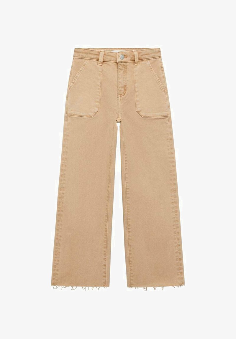 Bež široke traperice s visokim strukom, koje imaju dva prednja džepa i rubove s razdrapanim detaljima.