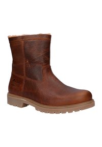 Bota de tobillo de cuero marrón con un acabado texturizado, forro de piel de pelo suave y suela de goma sólida con un patrón de dibujo. Logo visible en el lateral.