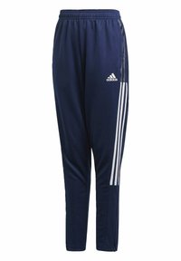 Pantalones deportivos de color azul marino, hechos de una tela suave, con tres rayas blancas a lo largo de los costados y una cinturilla elástica. Incluyen un bolsillo lateral.