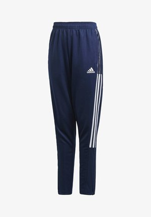 Marineblaue Sporthosen aus glattem Stoff, mit drei weißen Streifen an den Seiten und einem elastischen Bund. Enthält eine Seitentasche.