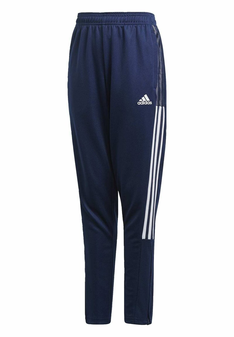 Pantalones deportivos de color azul marino, hechos de una tela suave, con tres rayas blancas a lo largo de los costados y una cinturilla elástica. Incluyen un bolsillo lateral.