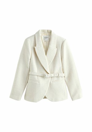 Krémově texturovaný blejzr se širokými klopami, dlouhými rukávy, předními kapsami a odpovídajícím páskem v pase.