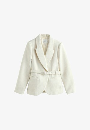Krém színű texturált blézer, széles hajtókával, hosszú ujjú, elöl zsebekkel és hozzáillő övvel a deréknál.