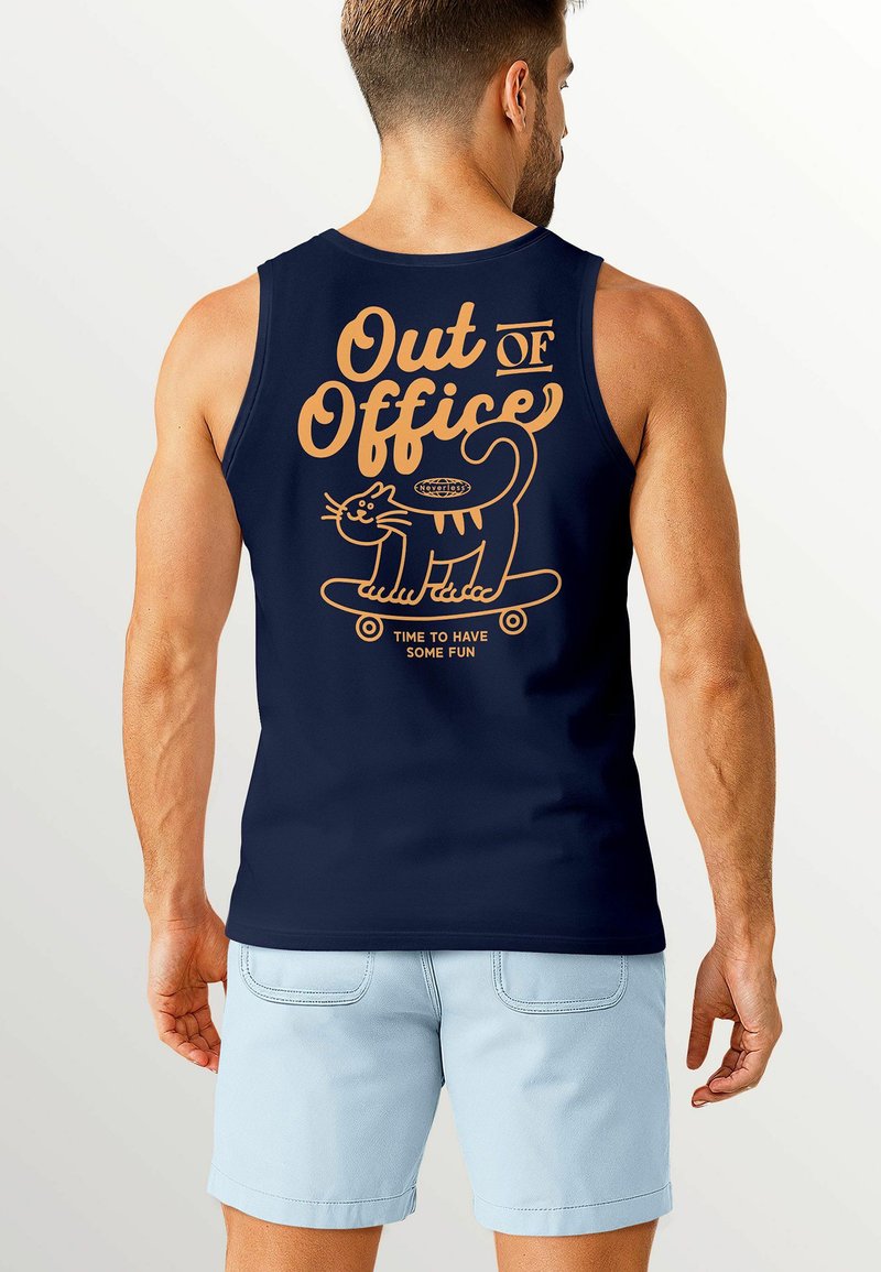 Navy tank top featuring orange text "Out of Office" and a cartoon cat on a skateboard, with "Time to Have Some Fun" beneath.