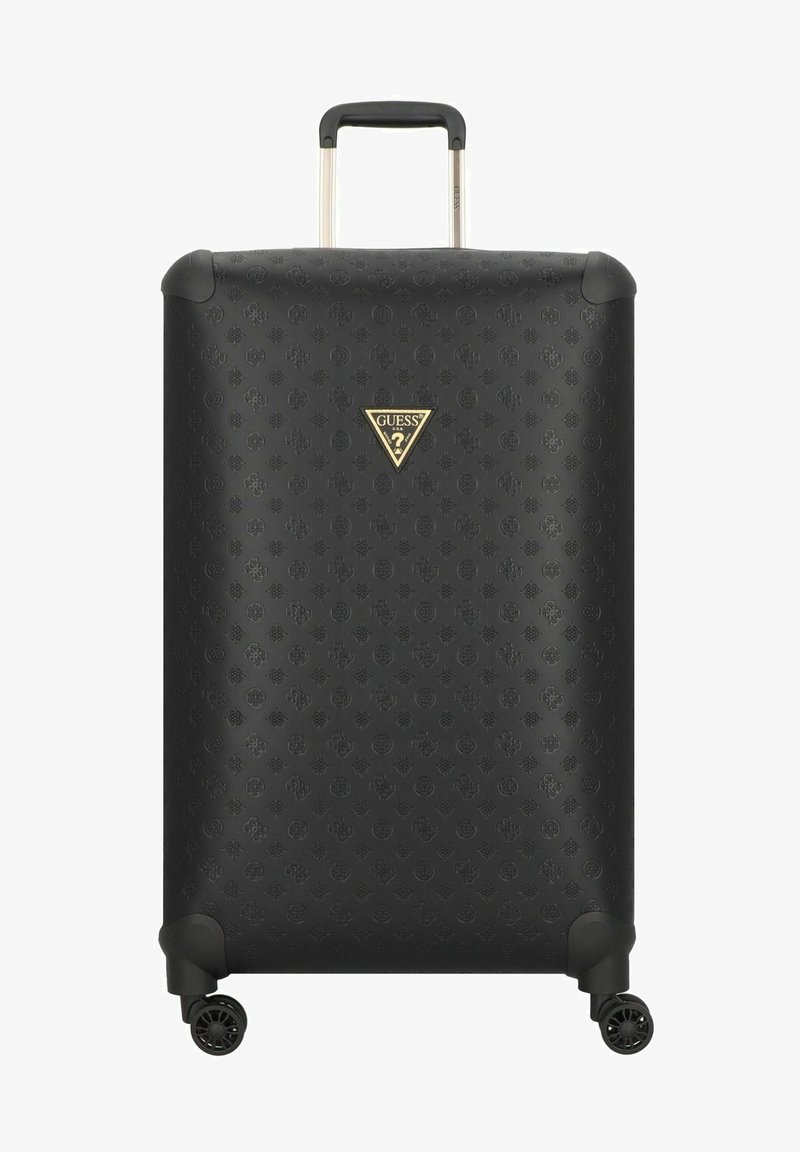 Czarna, twarda walizka z fakturowanego materiału, z złotym, trójkątnym logo. Wyposażona w teleskopowy uchwyt i cztery koła.