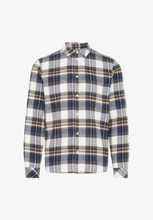 Plaid shirt featuring blue, yellow, and brown colors on a white background. Made of fabric with buttons and a collared neckline.