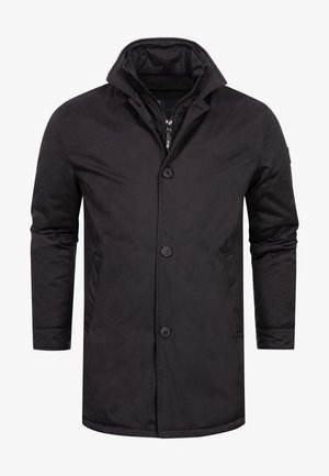 Čierny kabát s predným zipsom, piatimi gombíkmi, vysokým golierom a bočnými vreckami. Hladká štruktúra s minimalistickým dizajnom.