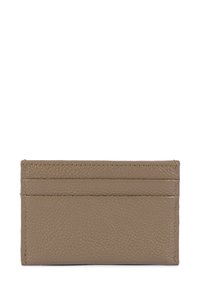 Leather cardholder in beige with a textured finish, featuring multiple card slots on one side and clean, stitched edges. Compact design.