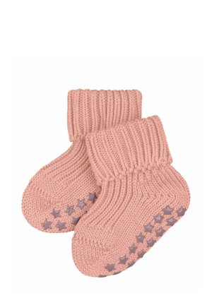 Bottines tricotées roses avec des poignets côtelés et des semelles en caoutchouc à motif étoile pour une meilleure adhérence. Le tissu doux et la texture en spirale renforcent le confort et la chaleur.