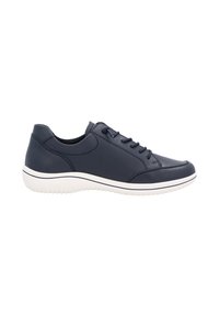 Marineblaue Ledersneaker mit strukturiertem Design, runder Fußspitze, Schnürung und weißer Gummisohle mit dezentem Streifendetail.