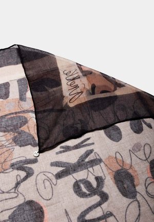 Sciarpa trasparente con un mix di motivi astratti in nero, beige e rosa; include testo scritto a mano. Bordi rifiniti con una texture liscia.