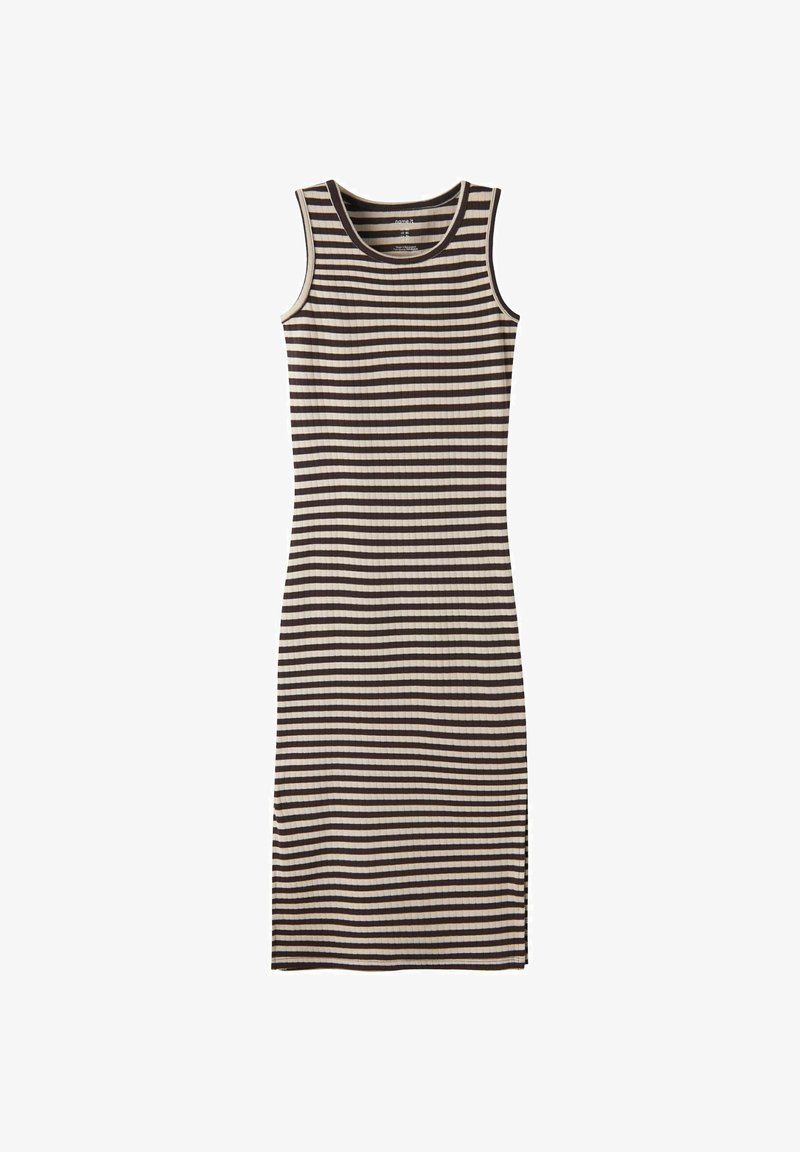 Be rankovių, riboto mezginio su horizontaliomis juodomis ir smėlio spalvos juostelėmis, apvalia iškirpte ir vidutinio ilgio pjūviu suknelė.