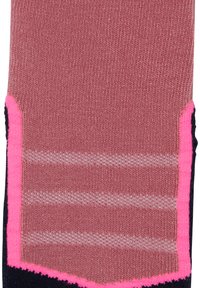 Kniestrumpf mit einem einfarbigen pinken Körper, der drei horizontale hellpink Streifen und einen schwarzen Akzent am unteren Rand aufweist.
