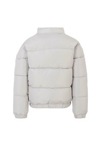 Giacca puffer grigio chiaro con colletto alto, polsini e orlo elasticizzati. Presenta cuciture orizzontali e una texture liscia e trapuntata.