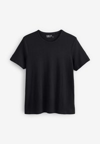 T-shirt nera a maniche corte in cotone, con colletto rotondo e texture liscia. Design semplice senza motivi o accenti.