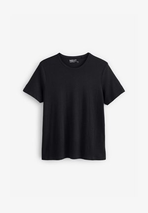 Černé tričko s krátkým rukávem vyrobené z bavlny, s kulatým výstřihem a hladkou texturou. Jednoduchý design bez vzorů nebo akcentů.