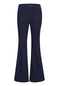 Dark blue flared jeans made of denim. Features a high waist, belt loops, and a clean hem. Simple design with no visible patterns or embellishments.