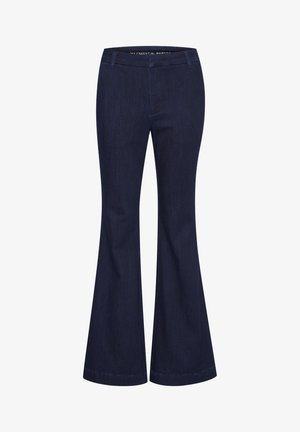 Tamsiai mėlynos plačios džinsinės kelnės, pagamintos iš džinsinio audinio. Savybės: aukšta liemenėlė, kilpos diržui ir švarus apvadas. Paprastas dizainas be matomų raštų ar puošmenų.