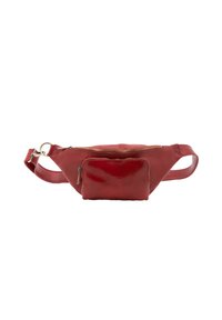 Marsupio in pelle rossa con finitura lucida, dotato di un grande scomparto principale con zip e di una tasca frontale più piccola, con tracolla regolabile.