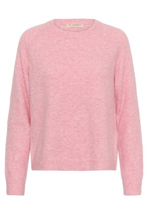 Suéter de manga larga color rosa suave con cuello redondo, puños y dobladillo acanalados, confeccionado con tejido de punto esponjoso.