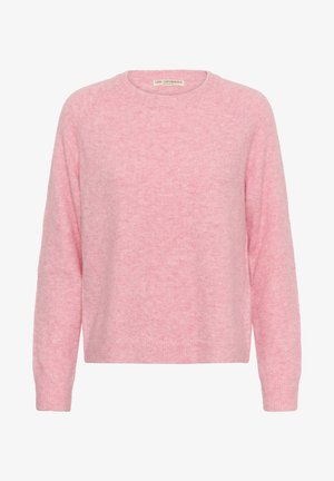 Blød lyserød langærmet crewneck-trøje med ribstrikkede ærmegab og kant, lavet af blødt strikket stof.