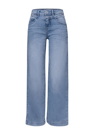 Jean bleu clair taille haute à jambes larges avec poches avant, fermeture à double bouton et détails légèrement délavés autour des hanches et des cuisses.