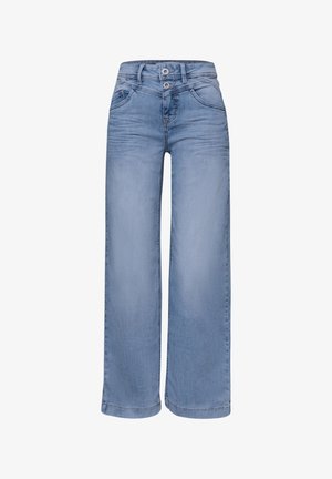 Jeans de tiro alto y pierna ancha en azul claro, con bolsillos delanteros, cierre de doble botón y detalles sutiles desgastados alrededor de las caderas y los muslos.