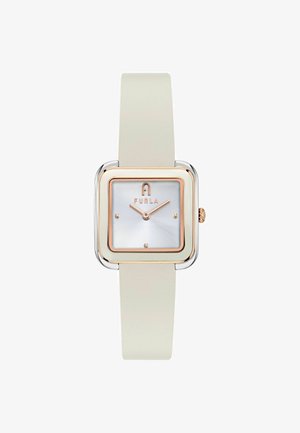 Ruutulise kell, millel on hõbedane nägu, roosa kuldne aktsent ja pehme beež nahk rihm. Omab lihtsaid tunni märke ja brändi logo.