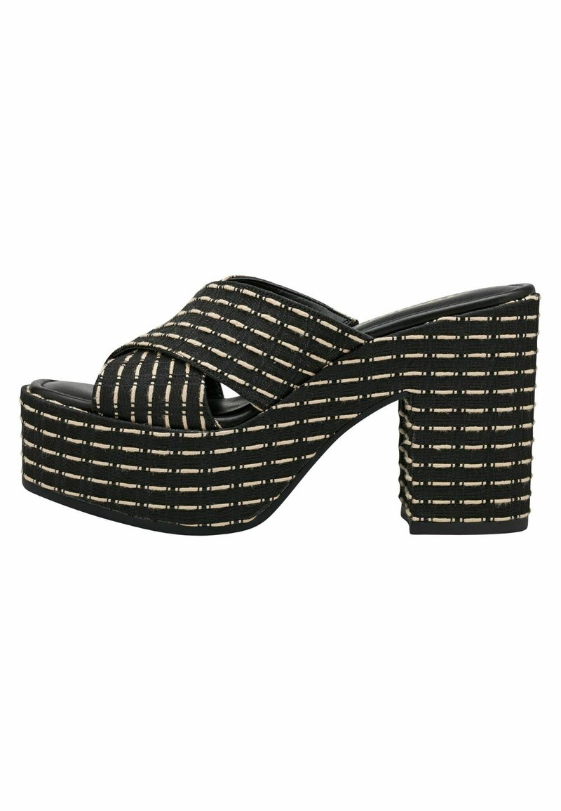 Sandale à plateforme noire avec un talon haut épais et de larges brides croisées en tissu avec des rayures beige cousues.
