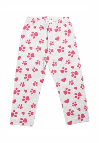 Leggings grigi con un motivo ripetuto di impronte rosa e cuori. Vita elasticizzata, morbido al tatto e design a gamba dritta.