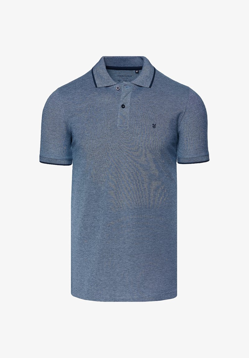 Niebieska koszulka polo wykonana z teksturowanej tkaniny, z plisą na dwa guziki, kontrastowym kołnierzykiem i ściągaczami na rękawach. Małe logo na piersi.