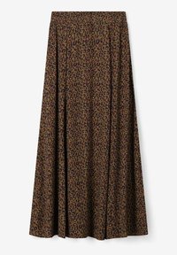 Brown maxi rok met een luipaardprint, met een brede elastische tailleband en vloeiende stof. Gladde textuur, geplooid ontwerp.