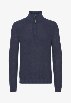 Granatowy sweter zapinany na zamek z wysokim kołnierzem, z prążkowanymi mankietami i dołem, z teksturowanym wzorem oraz zamkiem o długości jednej czwartej.