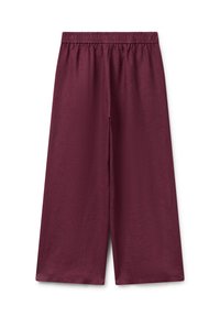Burgunderfarbene weit geschnittene Hose mit einem elastischen Bund, versehen mit einem glatten, strukturierten Stoff und einem lockeren, fließenden Design.